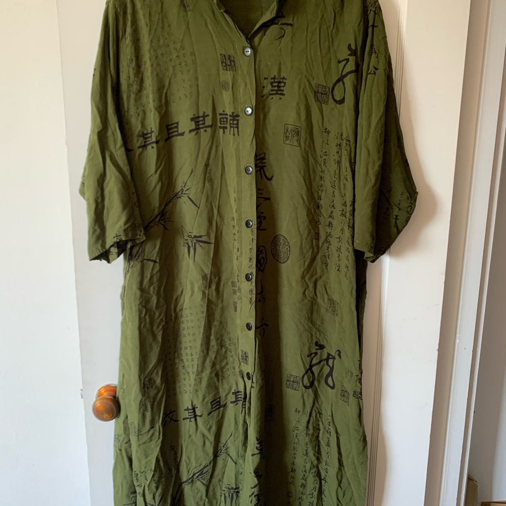 Green Button-Up Dress with Black Print